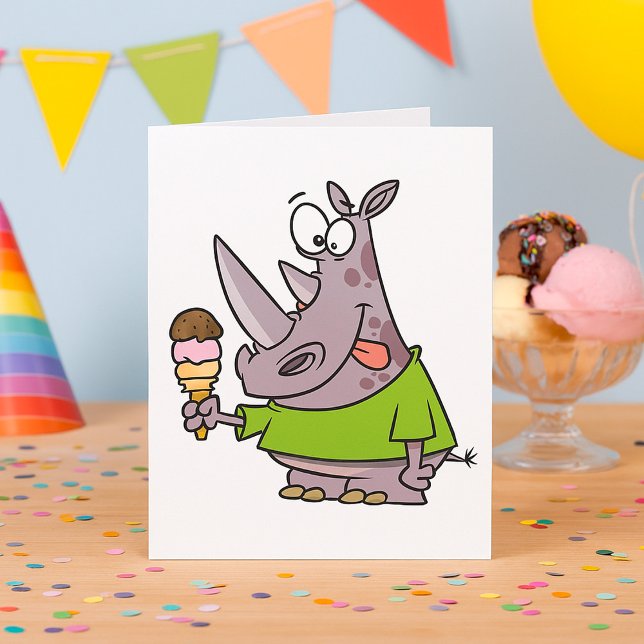 Carte Rhinocéros de dessin animé drôle mangeant une glac (Créateur téléchargé)