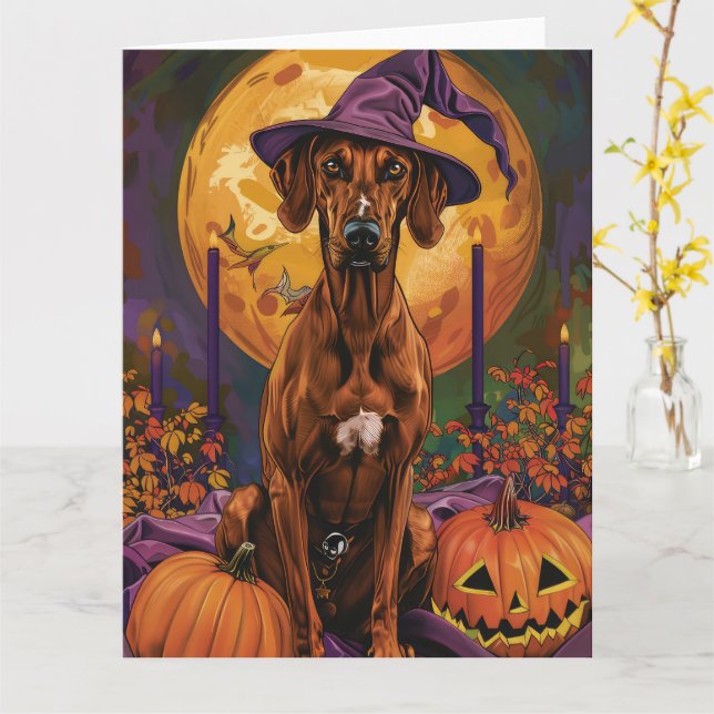 Carte Rhodesian Ridgeback Chien Halloween sorcier Citrou (Fleur jaune)