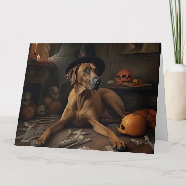 Carte Rhodesian Ridgeback Citrouilles Halloween effrayan (Devant)