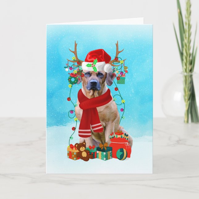 Carte Rhodesian Ridgeback dans la neige avec des cadeaux (Devant)