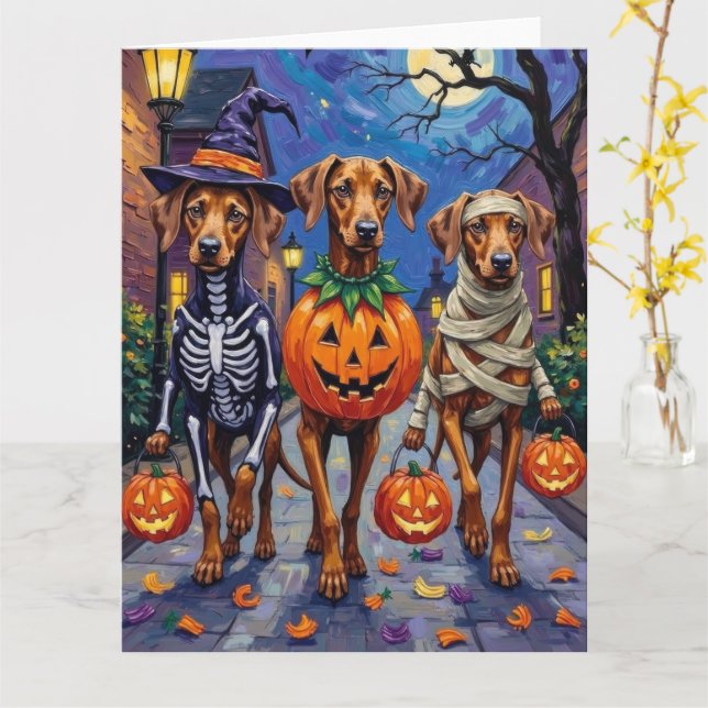 Carte Rhodesian Ridgeback en costumes d'Halloween (Fleur jaune)