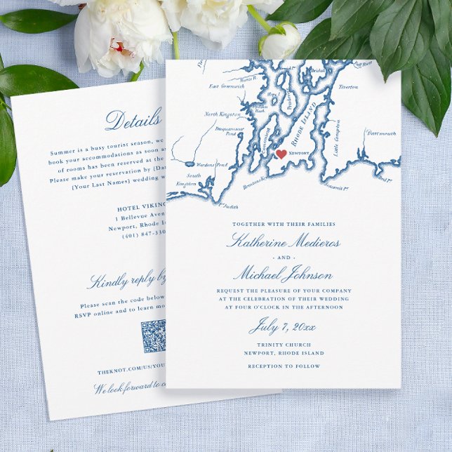Carte RI Newport Code QR tout-en-un Mariage RSVP (Newport RI all-in-one wedding invitation with QR code RSVP and details on the back in elegant navy )