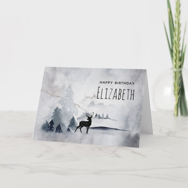 Carte Rinde d'hiver Aquarelle gris rustique Anniversaire (Devant)