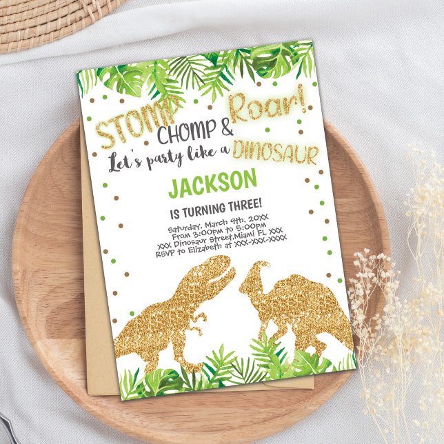 Carte Roarsome Kids Party avec étincelle (Glitter Dinosaurs Birthday Invitations)