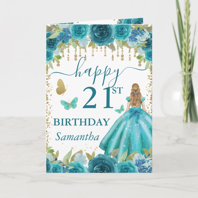 Carte Robe Aqua Princesse aux Cheveux Blonds Anniversair (Devant)
