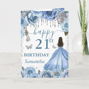 Carte Robe Bleu Clair Princesse Brune Anniversaire