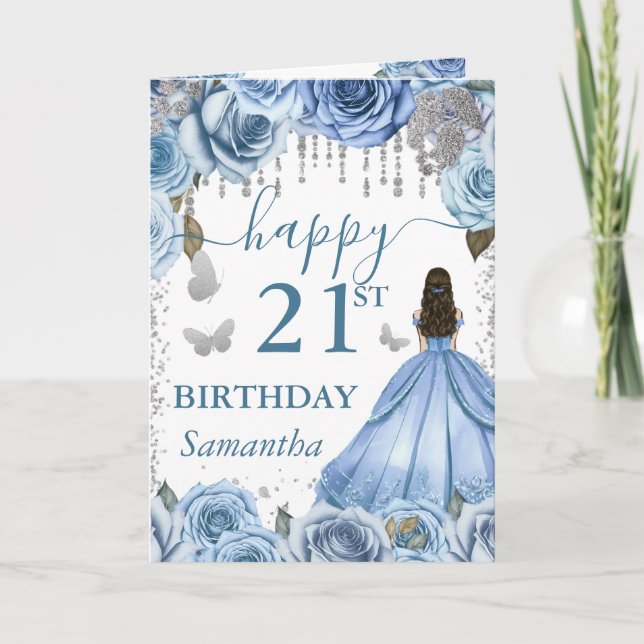 Carte Robe Bleu Clair Princesse Brune Anniversaire (Devant)