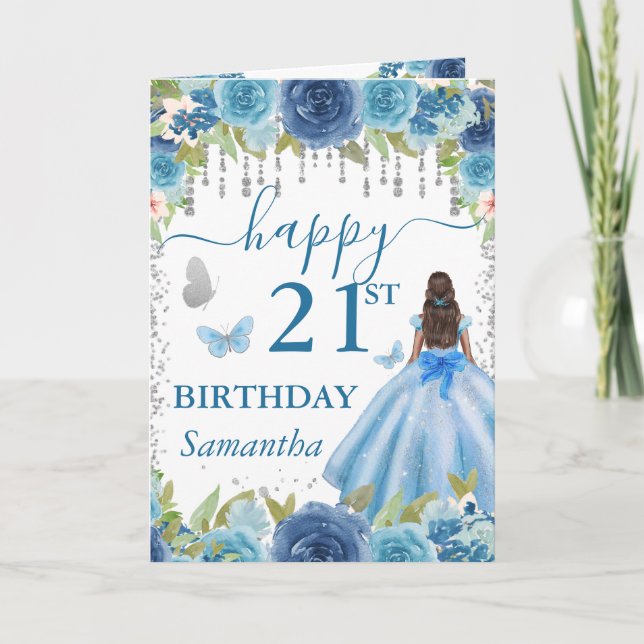 Carte Robe Bleu Clair Princesse Peau Noire Anniversaire (Devant)