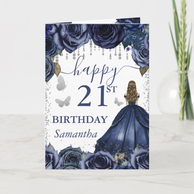 Carte Robe Bleu Marine Princesse Blonde Anniversaire (Devant)