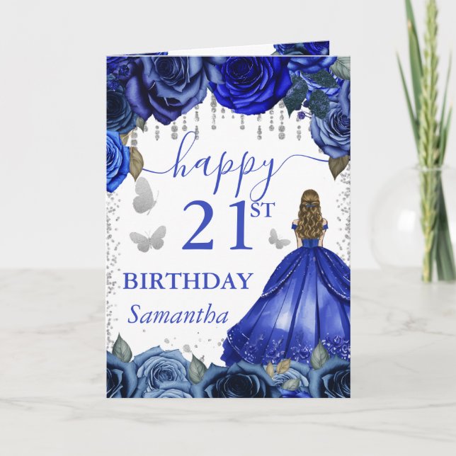Carte Robe Bleue Royale Princesse Blonde Anniversaire (Devant)