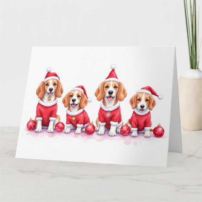 Carte Robe de Noël Beagle Chapeau de Père Noël (Devant)