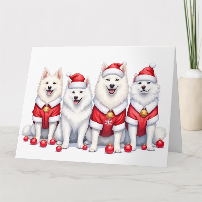 Carte Robe de Noël Samoyède Chapeau de Père Noël (Devant)