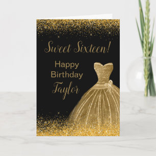 Carte Robe dorée Faux Paillettes Sweet 16 Anniversaire