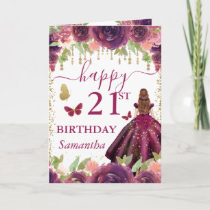 Carte Robe prune Princesse aux cheveux roux Anniversaire