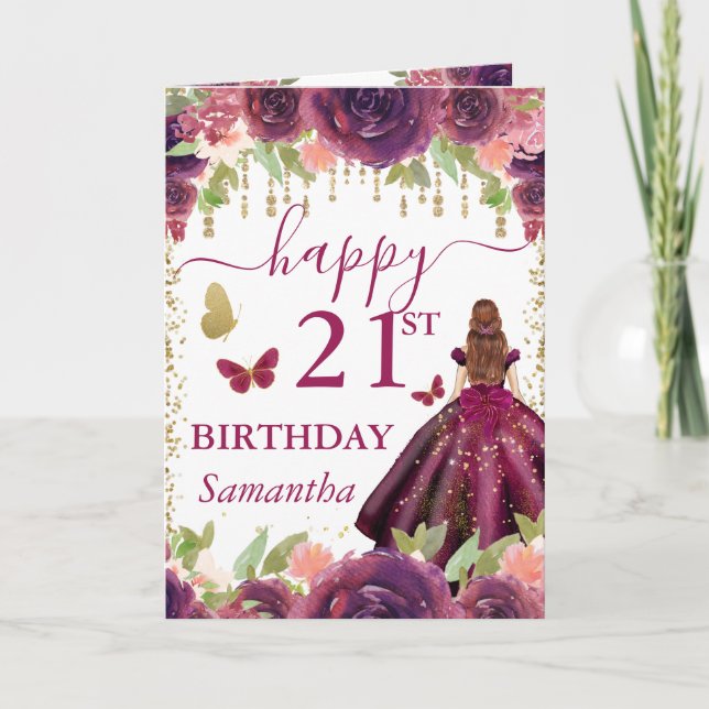 Carte Robe prune Princesse aux cheveux roux Anniversaire (Devant)