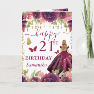 Carte Robe prune princesse blonde anniversaire