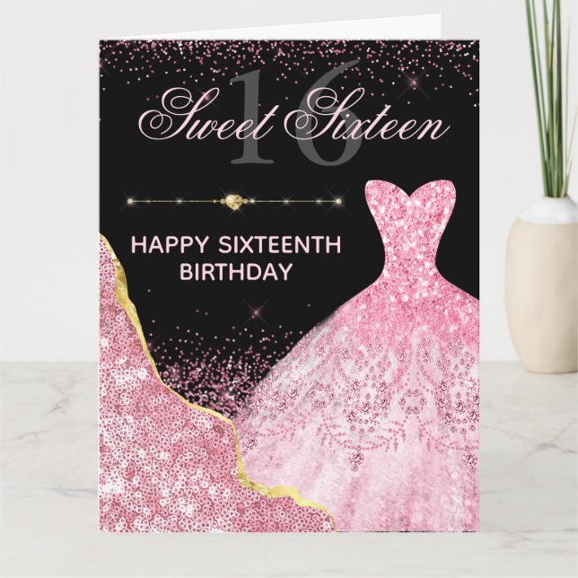 Carte Robe rose Aquarelle Bord glam Sweet 16 Anniversair (Devant)