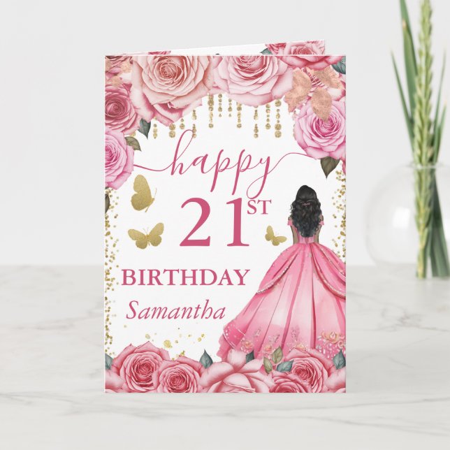 Carte Robe Rose Clair Princesse à Peau Foncé Anniversair (Devant)