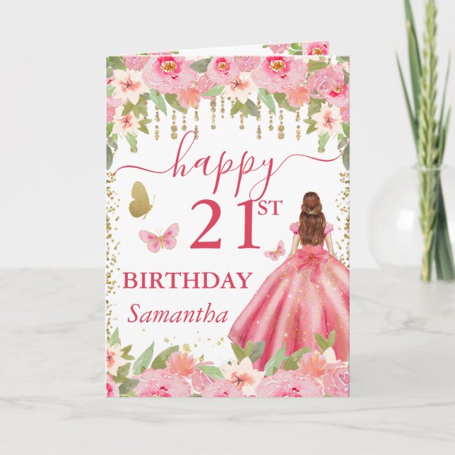 Carte Robe Rose Clair Princesse aux Cheveux Roux Anniver (Devant)