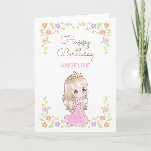 Carte Robe rose mignonne Princesse Floral Photo Annivers (Devant)