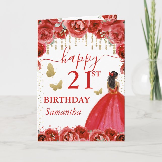 Carte Robe Rouge Princesse à Peau Noire Anniversaire (Devant)