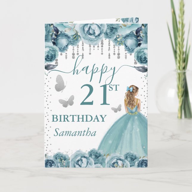 Carte Robe Turquoise Princesse Blonde Anniversaire (Devant)