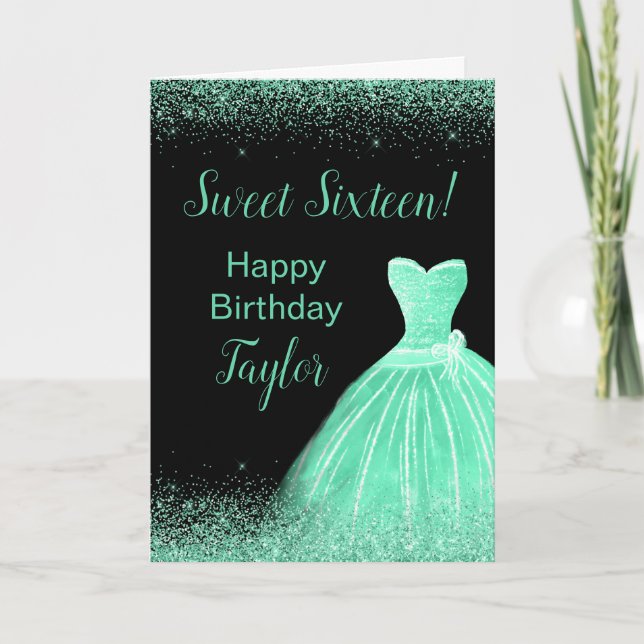 Carte Robe Vert clair Faux Parties scintillant Douce 16  (Devant)