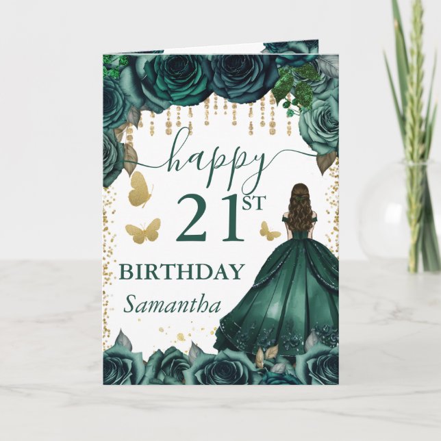 Carte Robe verte émeraude Princesse brune Anniversaire (Devant)