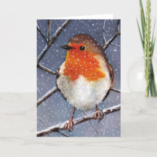 CARTE ROBIN ANGLAIS DANS LA NEIGE : HUILE PASTEL ART