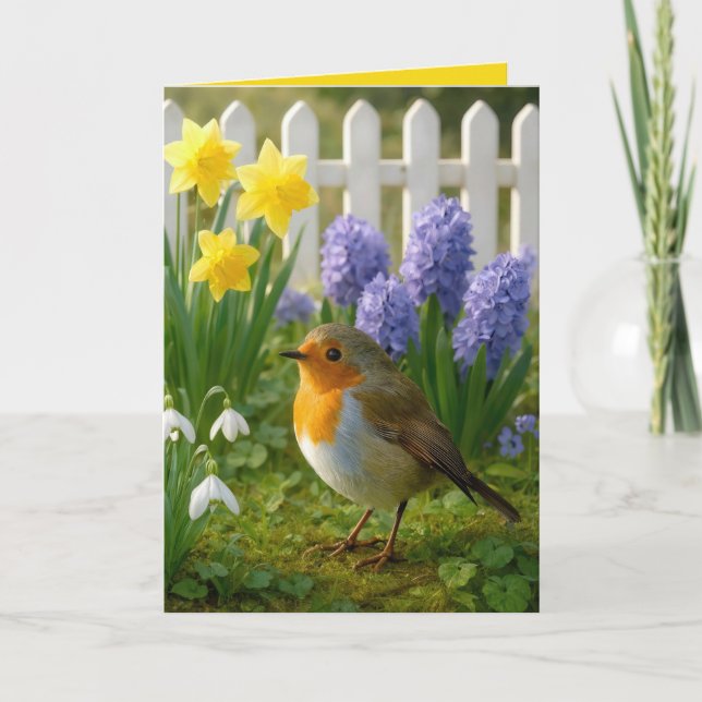 Carte Robin d'anniversaire dans un jardin printanier (Devant)
