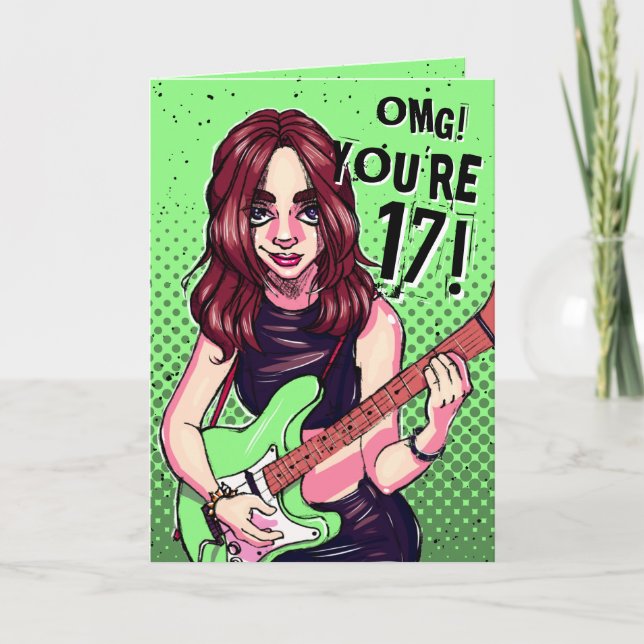 Carte Rock Music Ado Girl Green Guitar 17e anniversaire (Devant)