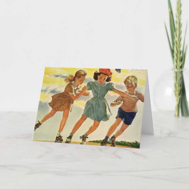 Carte Roller vintage Patinage amusant Enfants Garçons et (Devant)