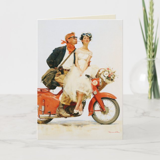 Carte Romance Vintage sur un Scooter Rouge (Devant)