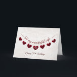 Carte "Romantic 50th Birthday Red Heart Bunting"<br><div class="desc">A beautiful and romantic 50th birthday card for a husband to give his wife. The outside of the card has a string of rose red bunting hearts on a vintage lace background. The text reads, "To my wonderful wife, joyeux anniversaire". The inside of the card can be customised to include...</div>