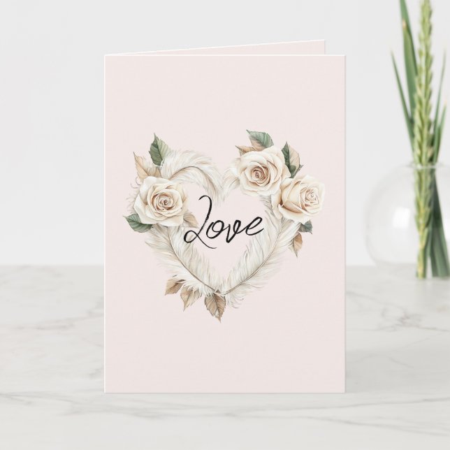 Carte Romantic Cream Blush Roses Feathers Floral Heart (Devant)
