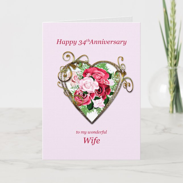 Carte Romantique 34e anniversaire Mariage Roses peints (Devant)