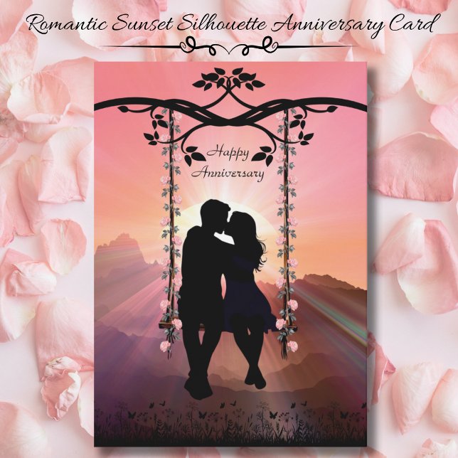 Carte romantique coucher de soleil Silhouette Coup (Romantic Sunset Silhouette Couple Anniversary Card (Front))