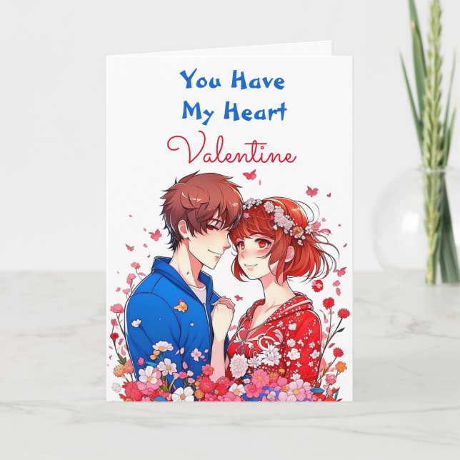 Carte Romantique et mignonne Anime Couple Saint Valentin (Devant)