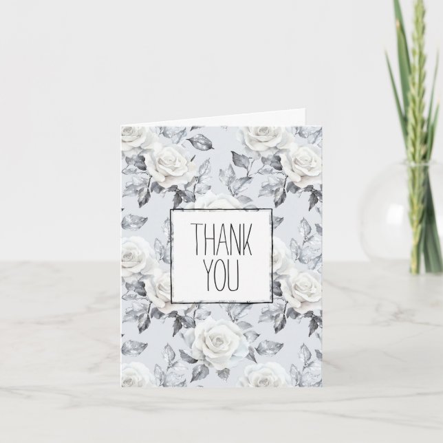 Carte Romantique Gris Argent Blanc Rose Floral Merci (Devant)