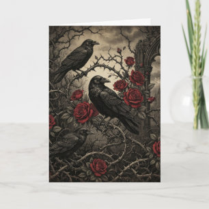 Carte Romantique Halloween Gothique Corbeaux et Roses Ro