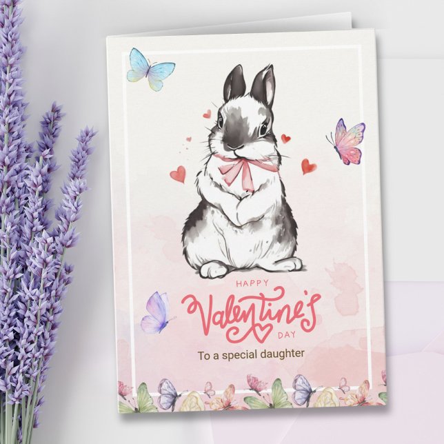 Carte Romantique papillons rose et lapin Saint-Valentin (Romantic Pink Butterflies & Bunny Valentine's Day Card)