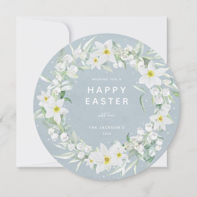 Carte ronde blanche florale Happy Pâques Plat Card (Devant)