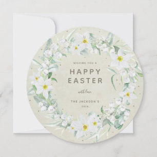 Carte ronde blanche florale Happy Pâques Plat Card