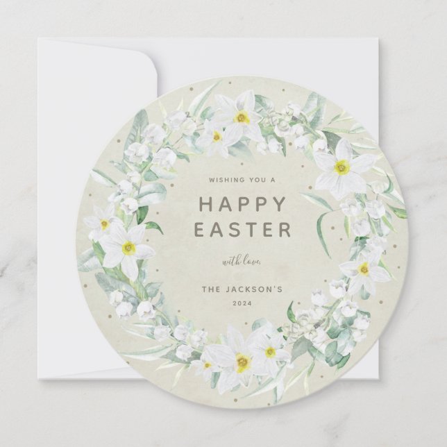 Carte ronde blanche florale Happy Pâques Plat Card (Devant)
