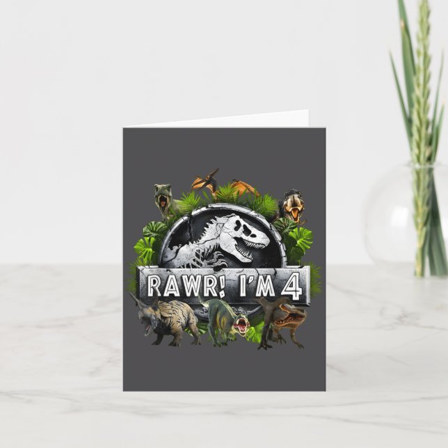 Carte Roooar j'ai 4 ans Anniversaire T Rex Dinosaure Drô (Devant)