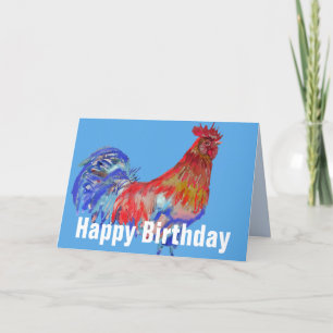 Carte Rooster bleu rouge Aquarelle Poulet Coq oiseaux