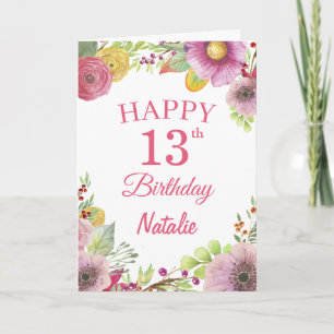 Carte rose 13e Anniversaire Fleurs florales