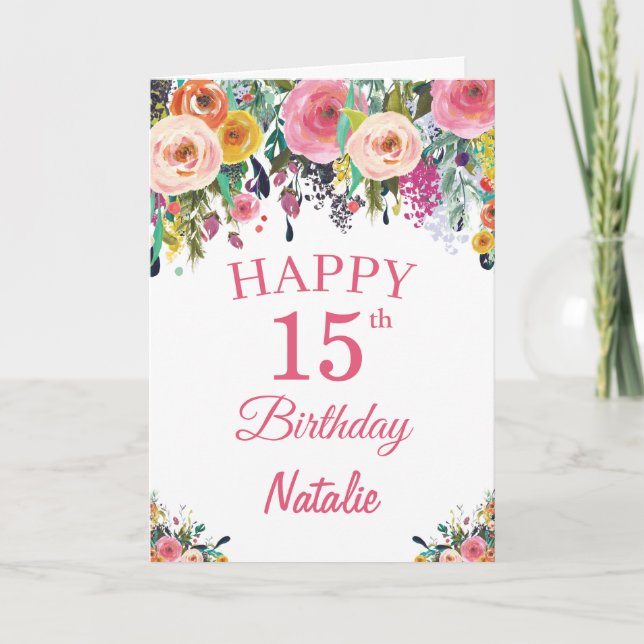 Carte rose 15e Anniversaire Fleurs florales (Devant)