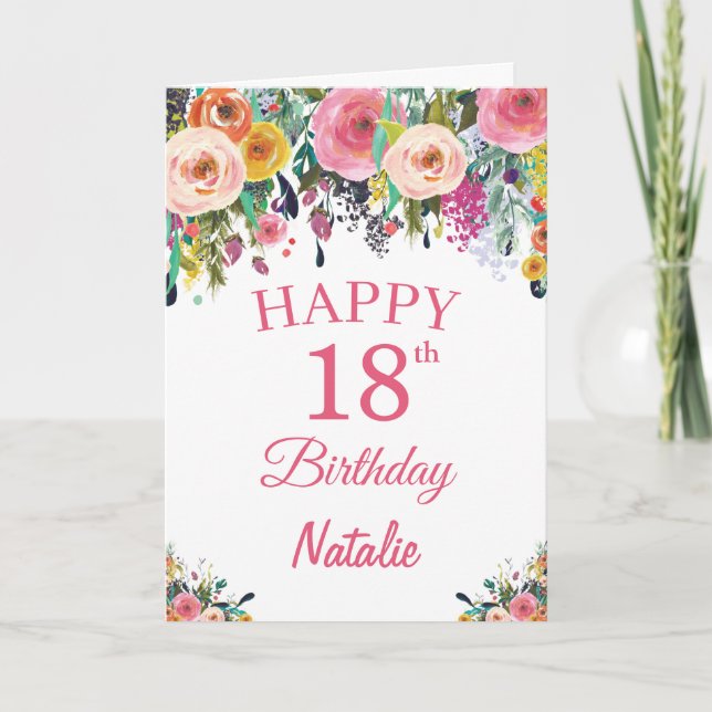 Carte rose 18e Anniversaire Fleurs florales (Devant)