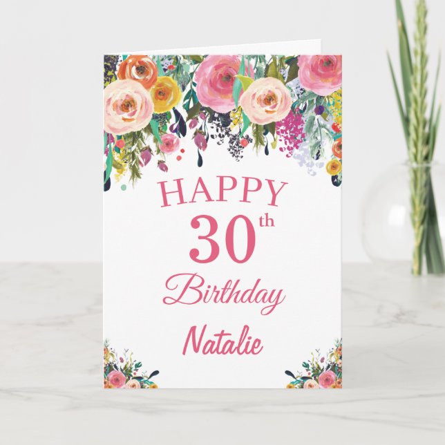 Carte rose 30e Anniversaire Aquarelle Florale Fleu (Devant)